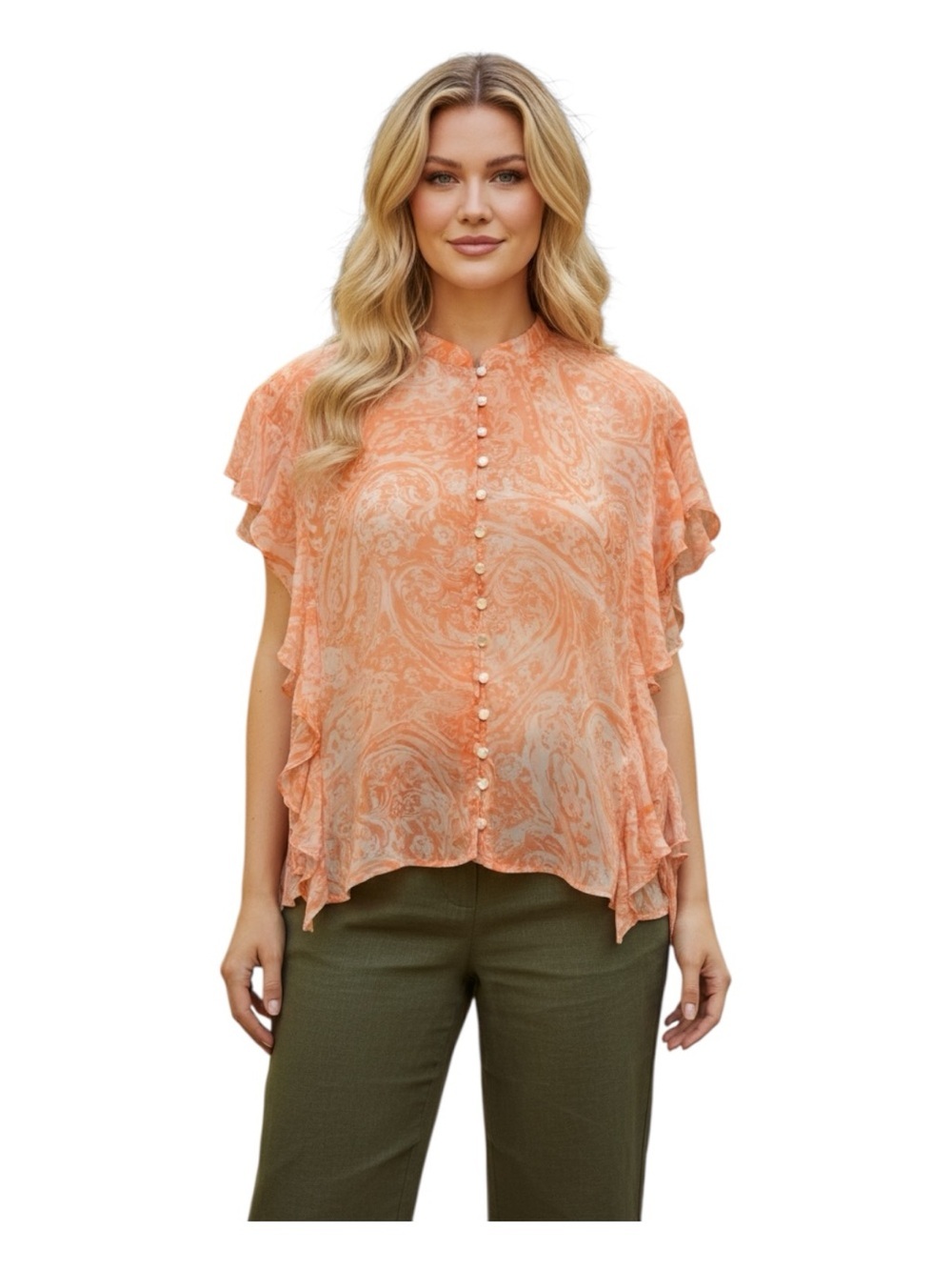 Cupio Plus Size Coral-Peach Paisley Ruffle Button-Front Blouse